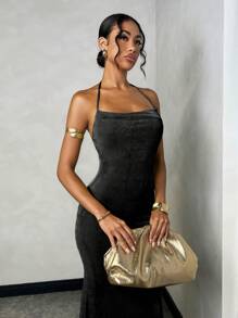 SHEIN BAE Women's Solid Red Backless Spaghetti Strap Dress Elegant Fishtail Hem Sleeveless Bodycon Gown For Vacation, Date, Daily Wear, Party, Halloween,Club Women Outfits,Valentine's Day,Valentine Outfits For Women - Black - View 5