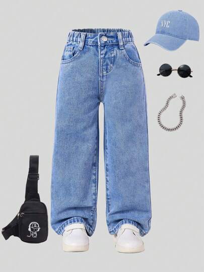 SHEIN Jeans rectos de cintura elástica estilo Y2K para niña, para uso diario, escuela, campus, universidad, vacaciones de verano