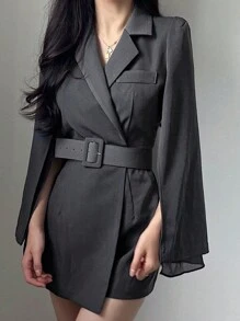 DAZY Vestido con mangas con detalle de cinturón para mujer, diseño casual para primavera, verano, otoño, color gris