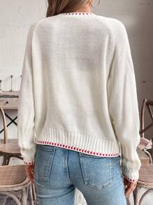 SHEIN LUNE Retro Chic Color Block Trim Loose Knit Cardigan, European & American Style - White - View 2