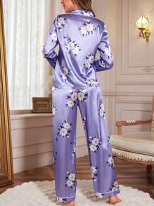 Women's Floral Print Long Sleeve Pajama Set, Fall Winter Clothes - Multicolor - View 2