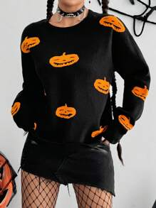 SHEIN Unity Pulover pentru femei, cu guler rotund și mânecă lungă, model de dovleac, toamnă-iarnă - Negru - Vizualizare 6