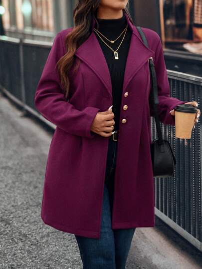 SHEIN Clasi Women's Plus Size Solid Color Long Sleeve Coat, Simple & Casual Style For Daily Wear, For Winter Fall Cloth For Women Autumn