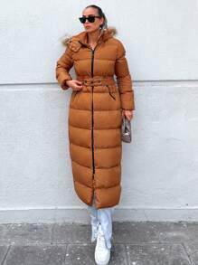 RueChic Zip Pocket Hooded Puffer Coat - Màu Mù tạt vàng - Xem 5