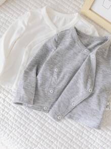 SHEIN Bộ 2 áo thun dài tay màu trơn đơn giản cho bé trai/bé gái sơ sinh màu xám và trắng, mùa thu/đông - Nhiều màu - Xem 5