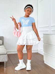 SHEIN Tween Girls Extended Size Loose Casual Double Layer Embroidered Fabric High Waist Skirt