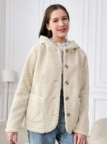 SHEIN 青少年女孩驼色加绒加厚连帽纽扣宽松休闲夹克 - 駝色 - 查看 6