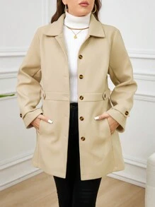SHEIN LUNE Plus Size Women's Solid Color Simple Long Sleeve Knitted Overcoat, For Winter Fall Cloth For Women Autumn - Apricot - View 4