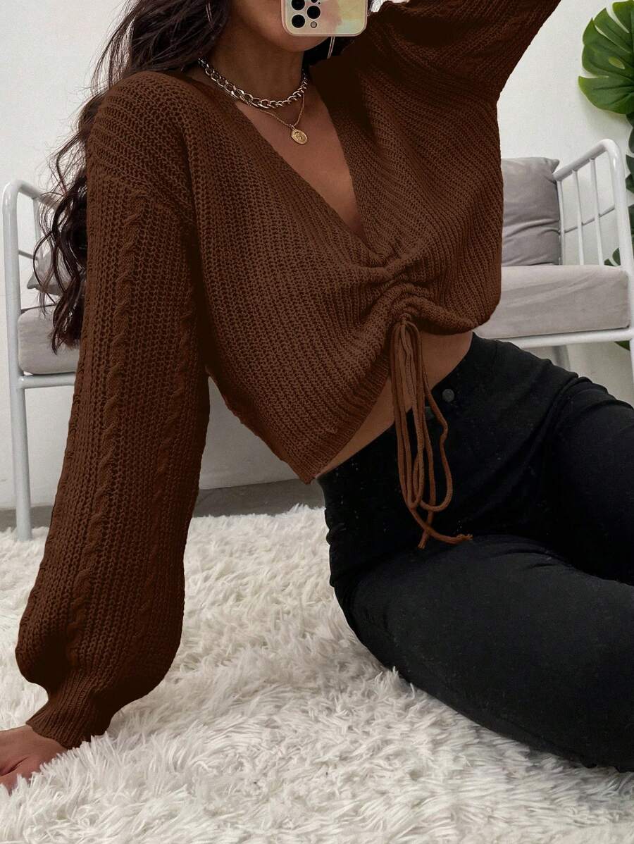 EMERY ROSE V 领抽绳宽松针织毛衣，棕色女式毛衣，长袖上衣