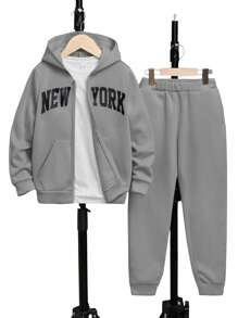 SHEIN Leap Crew Conjunto de 2 piezas para niños preadolescentes compuesto por una chaqueta con cierre de cremallera de unicolor cómoda y casual con estampado de letras y pantalones de forro polar de unicolor a juego, acolchado - Gris - Ver 1