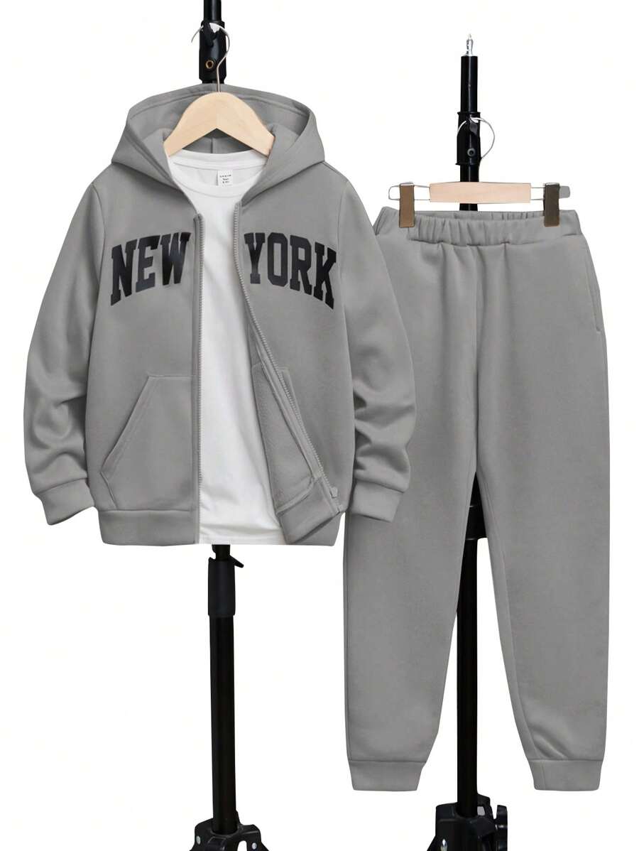 SHEIN Leap Crew Conjunto de 2 piezas para niños preadolescentes compuesto por una chaqueta con cierre de cremallera de unicolor cómoda y casual con estampado de letras y pantalones de forro polar de unicolor a juego, acolchado - Gris - Ver 1