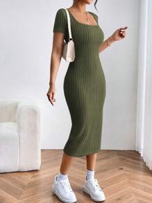 SHEIN PETITE Summer Casual Solid Short Sleeve Slit Bodycon Dress - Dark Green - View 4