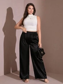 EURMUSE Quần ống rộng lưng cao bằng vải satin cỡ lớn - màu đen - Xem 3