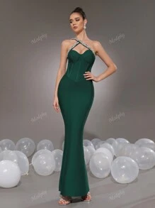 Modphy Vestido asimétrico sexy de cuello verde con brillos, vestido largo formal de mujer para noche, boda, fiesta y vestido de invitada de boda