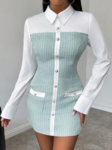 Chiquease 撞色前扣口袋优雅长袖连衣裙 - 綠色 - 查看 4