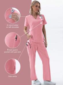 TaskEZ 1 件女式护士制服手术套装：V 领哑光上衣（带 1 个口袋）+ 弹性腰带哑光裤子（带 4 个口袋） - 粉色 - 查看 3
