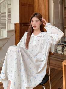 DAZY Ditsy Floral Ruffle Collar Sweet Nightgown Pajama, Moo Moo, Fall, Winter - White - View 7