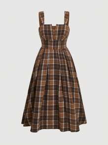 SHEIN MOD Váy midi kẻ caro cổ điển cỡ lớn cho nữ, có váy ngoài cùng màu - màu nâu - Xem 1