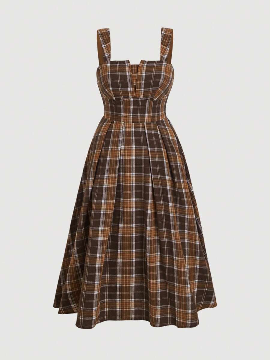 SHEIN MOD Váy midi kẻ caro cổ điển cỡ lớn cho nữ, có váy ngoài cùng màu - màu nâu - Xem 1