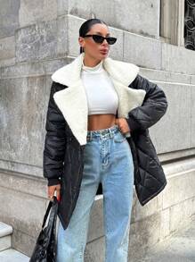 EURMUSE Women Padded Coat, The Waist-Closed Shape-Elegant Style, Contrast Colour, Rib Cuff - Black - View 7