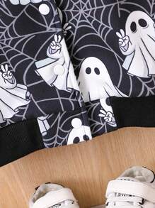 1pc Baby Girl Cute Ghost & Spider Web Print Plush Jacket For Halloween, Autumn/Winter ,Bomber Jacket Kids