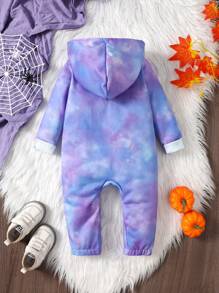 SHEIN Enterizo de manga larga con capucha para bebés niños, con estampado de calavera y efecto tie-dye, adecuado para salidas y Halloween, otoño/invierno - Multicolor - Ver 2