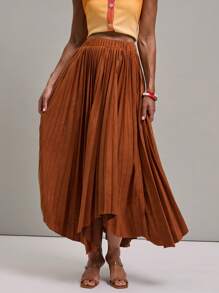 SHEIN Unity Women Solid Color Simple Everyday Pleated Skirt - Rust Brown - View 7
