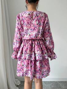 Chiquease Váy babydoll dáng chữ A rộng rãi cổ chữ V họa tiết hoa - Màu tím - Xem 2