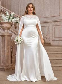 SHEIN Belle 2 件大码白色缎面拼布亮片针织优雅新娘婚纱套装，长袖新娘礼服 - 白色 - 查看 5