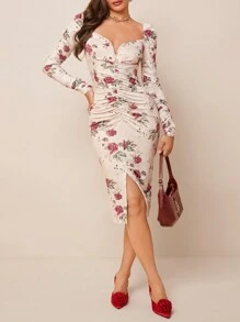 SHEIN Clasi Váy ngắn xếp ly dài tay họa tiết hoa cho nữ - Màu Đỏ Sâu - Xem 1