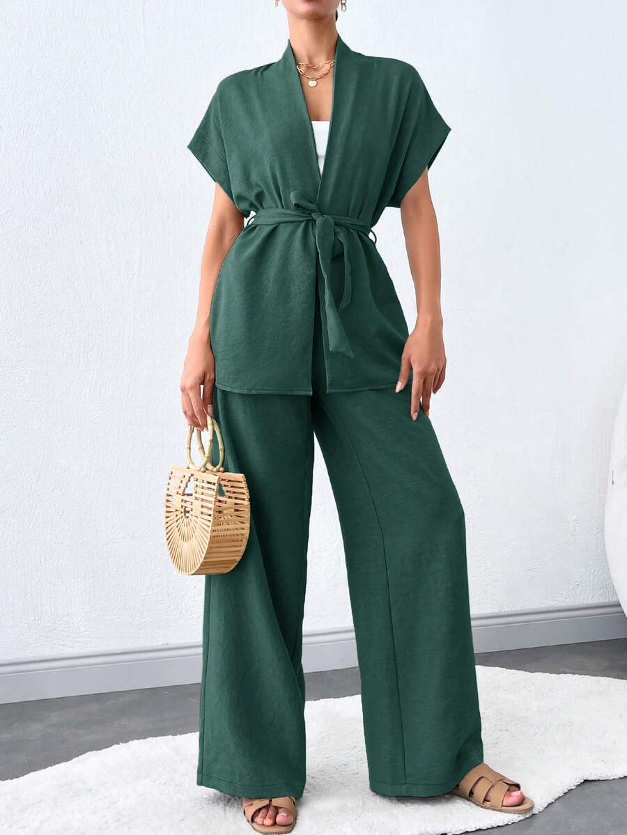 SHEIN Tall 女款純色短袖上衣與長褲兩件套,附腰帶,適合高個女性 - 墨綠色 - 查看 1
