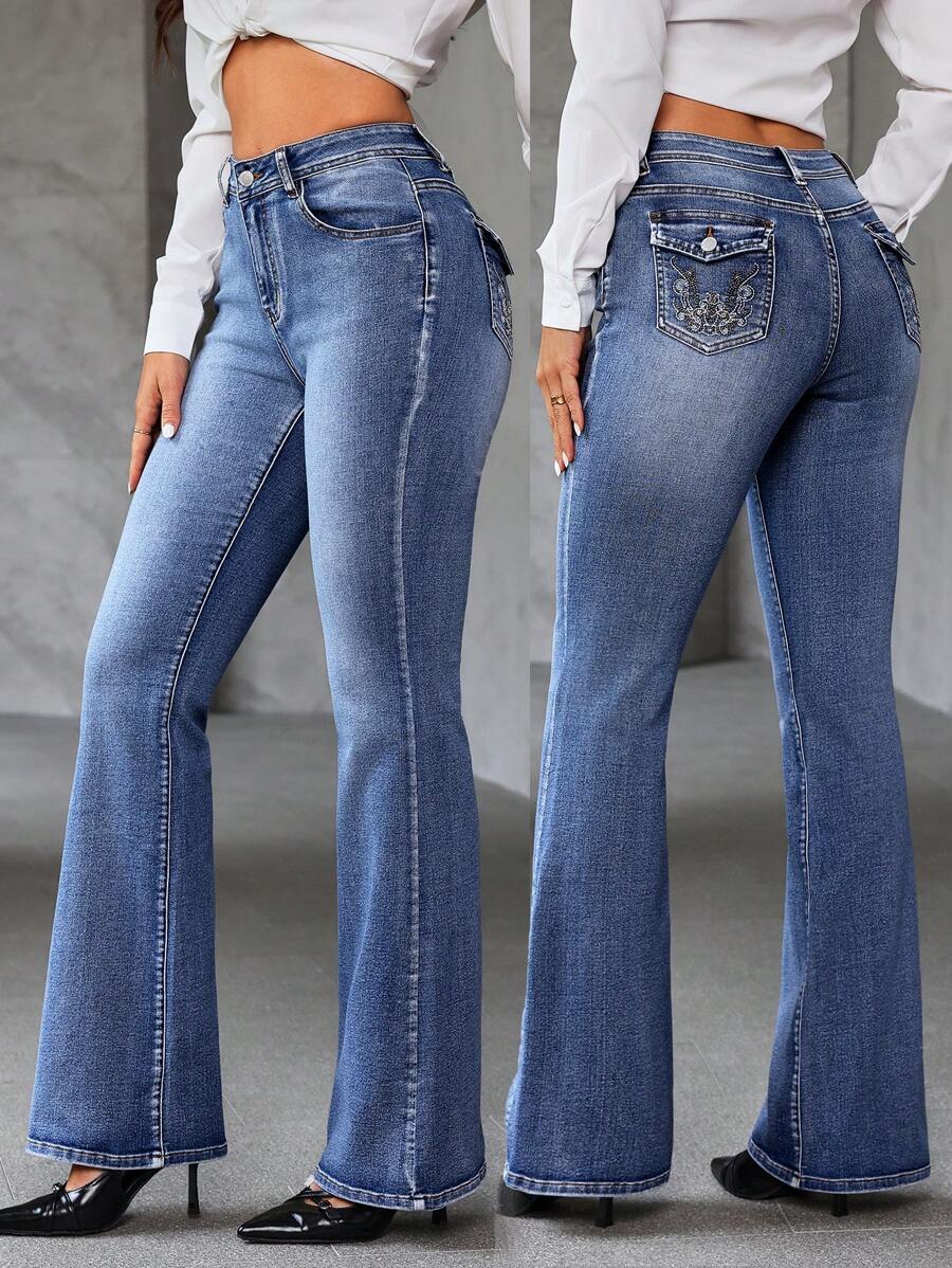 SHEIN Tall Front Button Closure Multi Pocket Embroidery Simple Denim Jeans, Casual Daily Wear - Blue - View 1