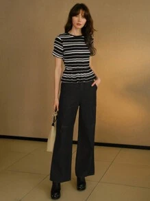 MOTF STUDIO STRIPED TEXTURED RUFFLE HEM T-SHIRT