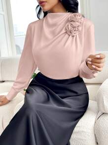 Modelyn Women's Solid Color 3D Flower Embroidery Simple Shirt, Casual Daily - Pink - View 6