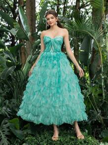 褶皱紧身抹胸连衣裙，层叠荷叶边下摆，无肩带正式礼服，完美适用于返校节、派对、舞会和鸡尾酒会，优雅的半正式礼服，适合生日、婚礼宾客、毕业典礼和返校节等场合。 - 薄荷綠 - 查看 3