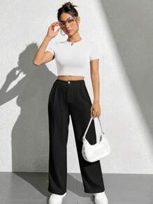 SHEIN PETITE 適合辦公室女士穿著的純色寬腿褲