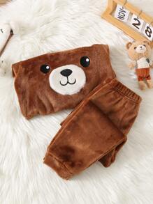SHEIN 小男孩 2 件套可爱卡通刺绣长袖法兰绒睡衣套装，秋冬季 - 棕色 - 查看 3