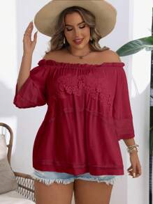 SHEIN VCAY 大码纯色露肩撞色蕾丝荷叶边下摆休闲度假衬衫 - 酒紅色 - 查看 4