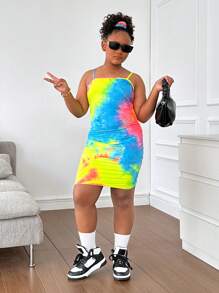 SHEIN Tween Girls' Fitted Casual Scrunchie With Tie-Dye Camisole And Pleated Side Dress