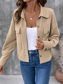 SHEIN LUNE Solid Color Front Button Turndown Collar Simple Pocket Casual Jacket - Khaki - View 6