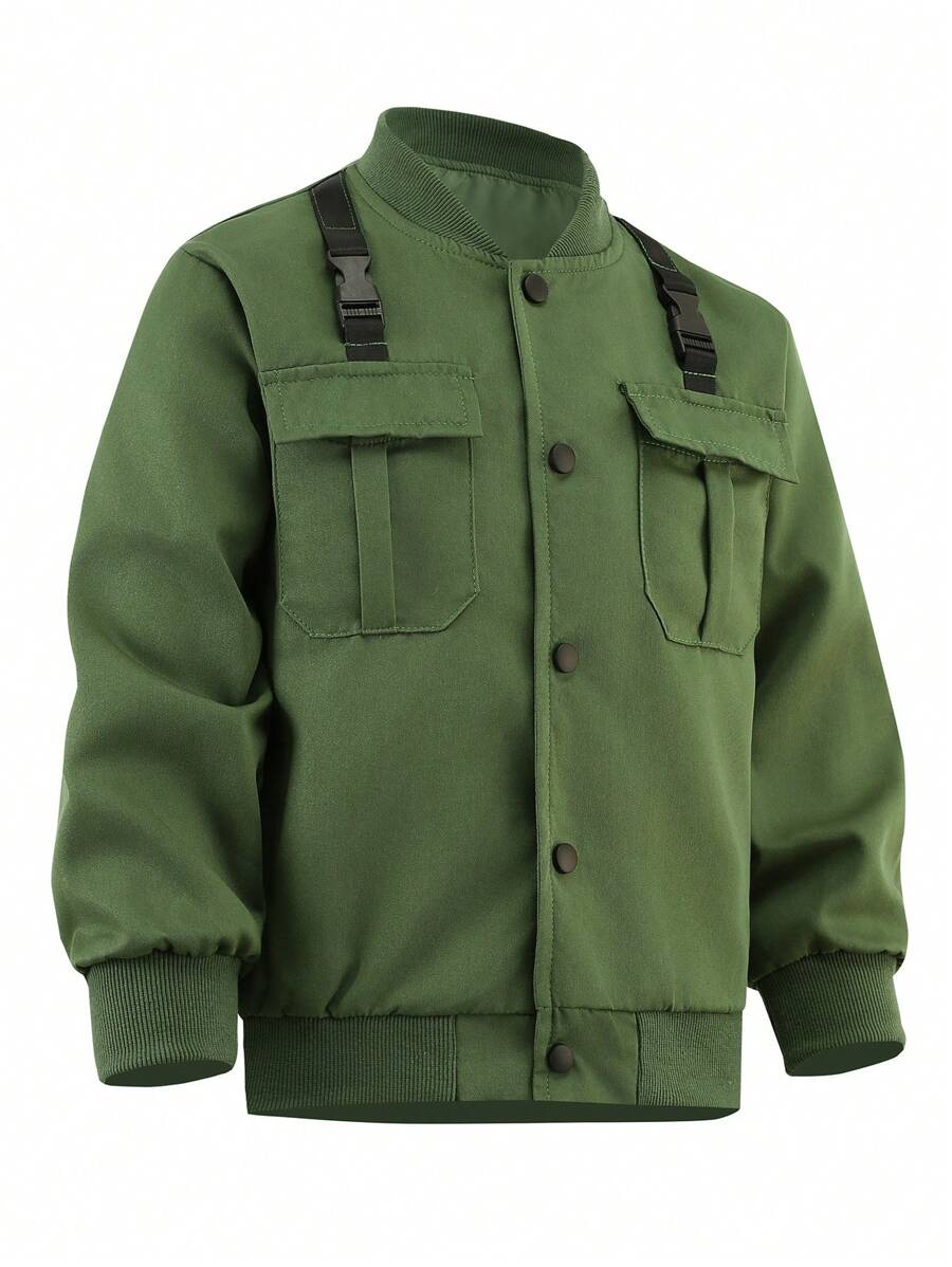 SHEIN Tween 男童纯色简约休闲长袖夹克、儿童飞行员夹克 - 軍綠色 - 查看 1