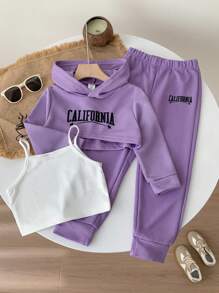 SHEIN Bộ thời trang bé gái Cao thấp Lá thư Giải trí - Nhiều màu - Xem 3