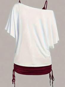 INAWLY 女士夏季时尚花卉印花拼色不对称领口二合一上衣 - 彩色 - 查看 2