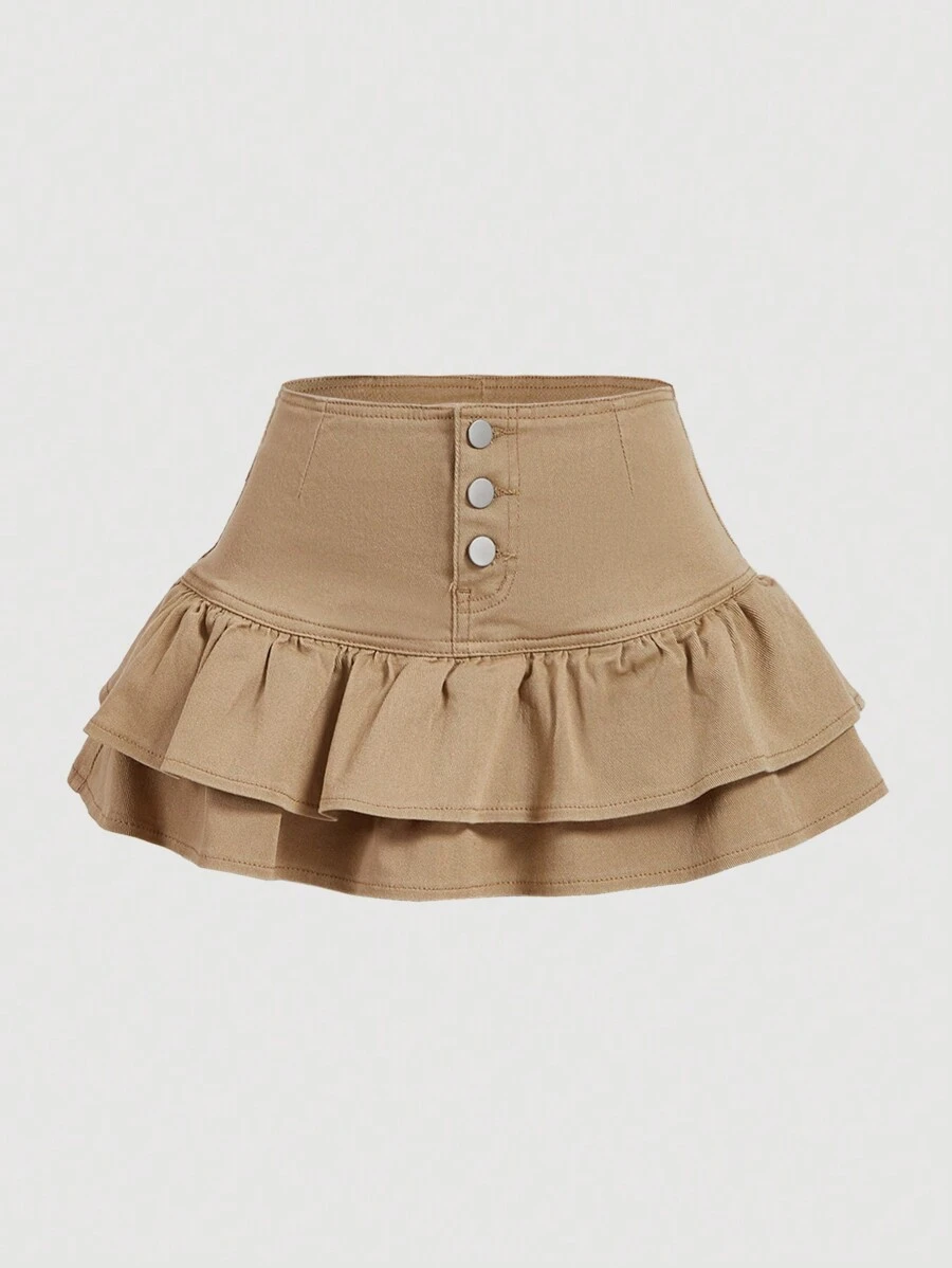 SHEIN MOD Women's Solid Color Simple Daily Double Layer Denim Shorts - Apricot - View 1