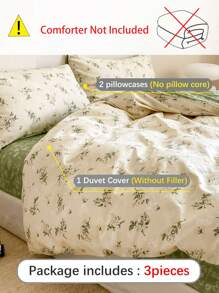 3 件套 Ditsy 花卉床上用品套装，绿色和米色配色的茶道图案，舒适的印花羽绒被套和枕套套装，适合单人床/双人床/大号床/特大号床