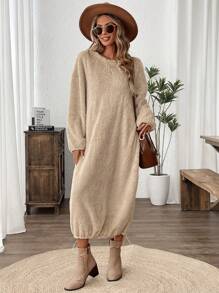 EMERY ROSE Women's Casual Solid Color Fleece Drawstring Hem Loose Everyday Dress, Autumn/Winter - Apricot - View 6