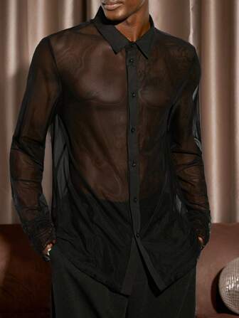 Manfinity Fever City 1 Stück Männer Y2K Party Lustige Lässig Fit High Street Vintage Stil Sheer Mesh Langarm Shirt Schulanfang Halloween