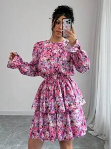 Chiquease Váy babydoll dáng chữ A rộng rãi cổ chữ V họa tiết hoa - Màu tím - Xem 6