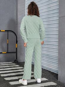 Tween Girls' Simple Knit Long Sleeve Sweater Set, Autumn & Winter - Green - View 2