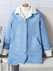 SHEIN Teen Girl Solid Color Button Front Pockets Thermal Lined Long Sleeve Jacket - Blue - View 3